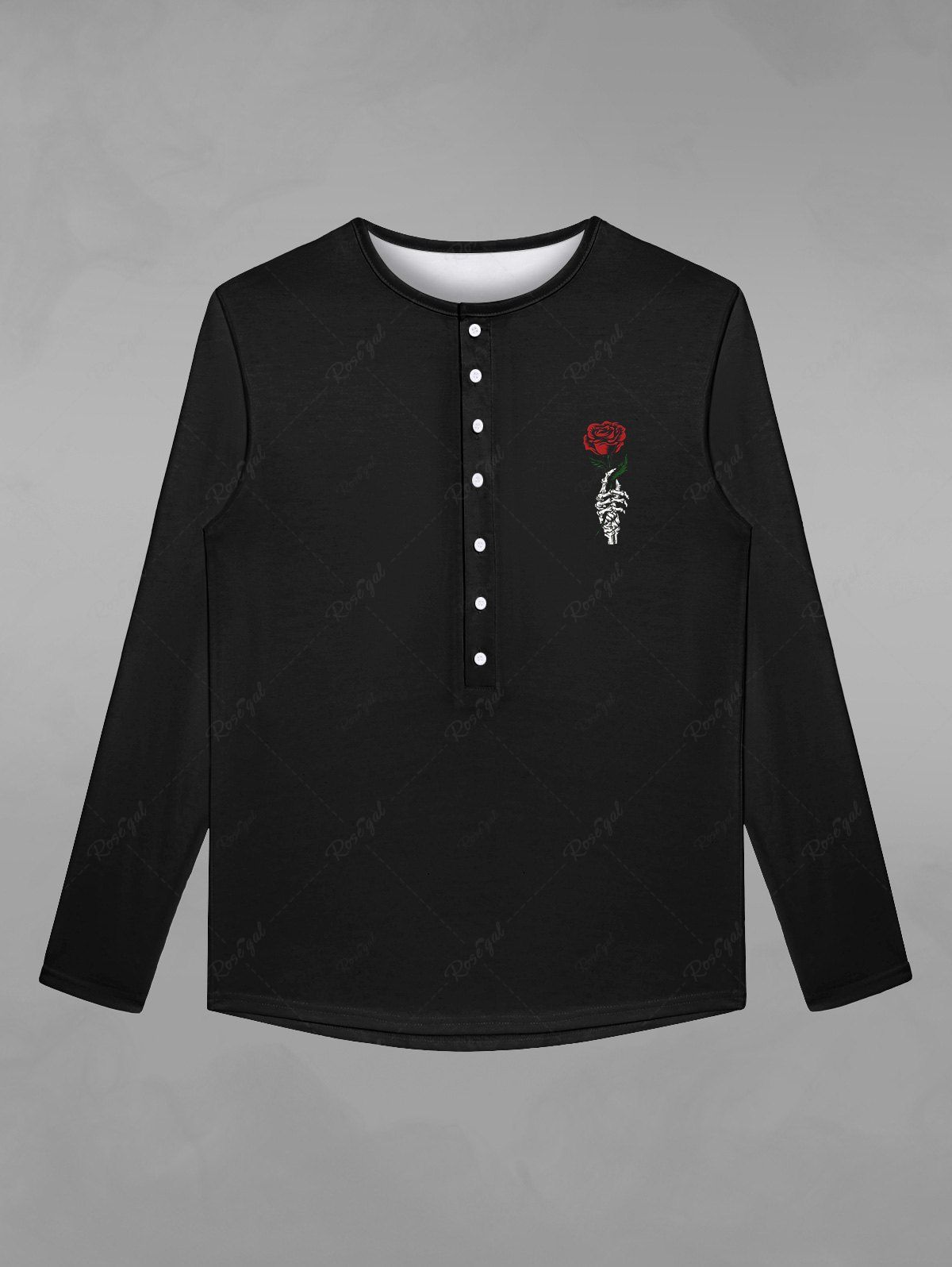 Discount Gothic Halloween Skeleton Claw Rose Print Buttons T-shirt For Men  