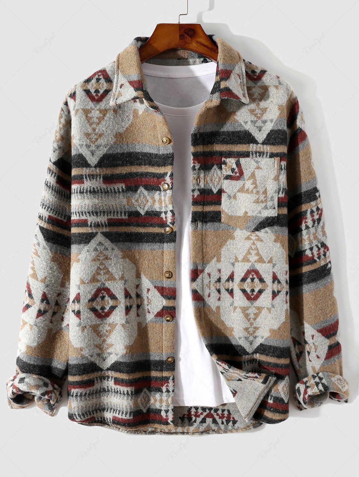 Latest Men's Aztec Geometric Print Pocket Design Woolen Shacket Jacket  