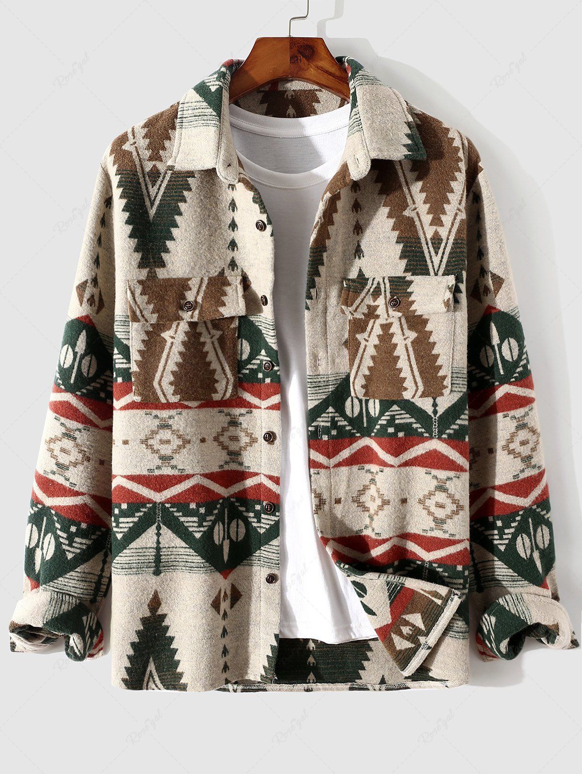 Store Ethnic Aztec Geometric Print Colorblock Pocket Design Woolen Shacket Jacket  