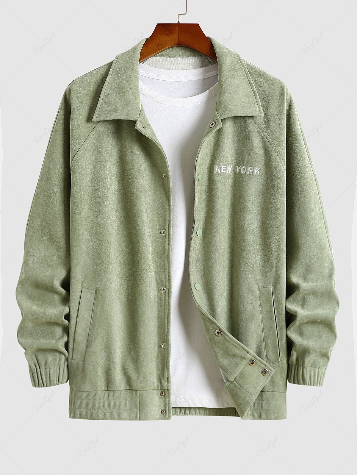 Discount Men's Daily Letter NEW YORK Embroidered Snap Button Raglan Sleeve Pockets Faux Suede Jacket  