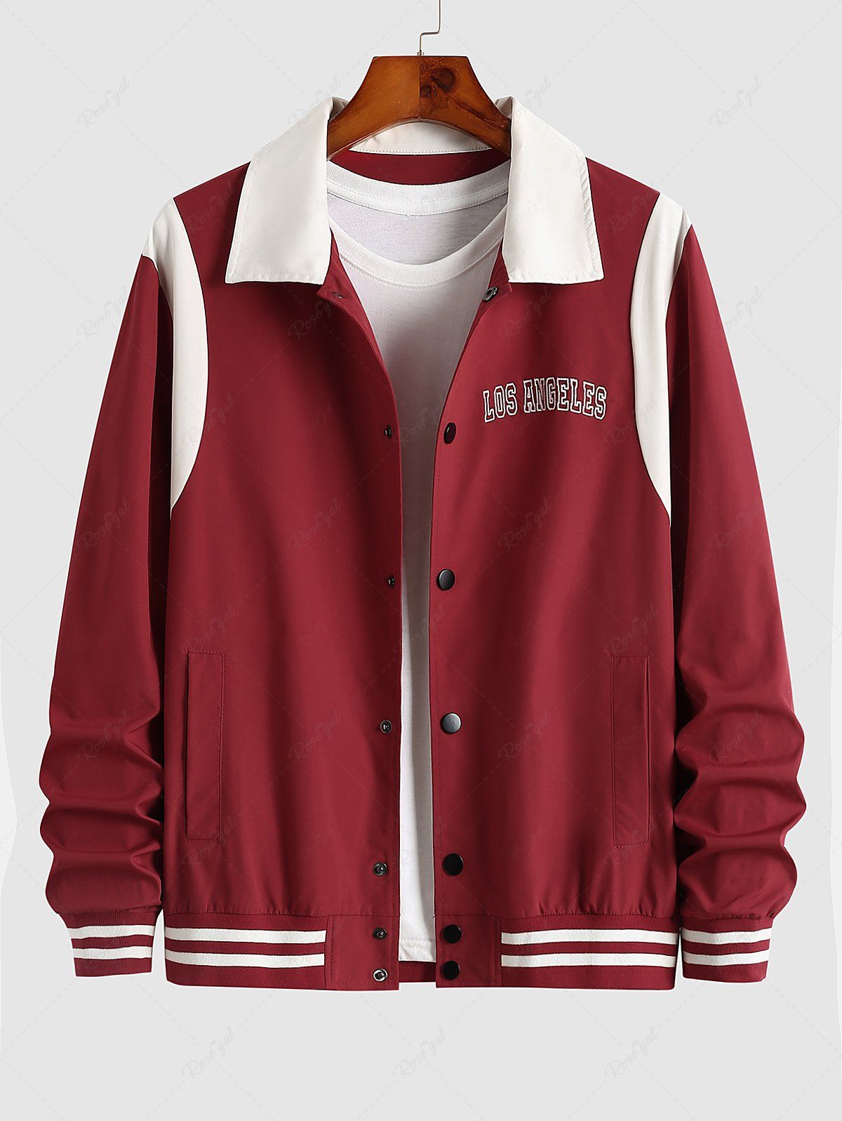Best Men's Daily Letter LOS ANGELES Printed Colorblock Stripes Panel Snap Button Baseball Varsity Jacket  
