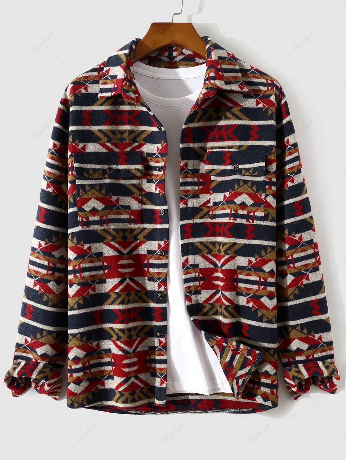 Trendy Ethnic Aztec Printed Pocket Flannel Shacket  