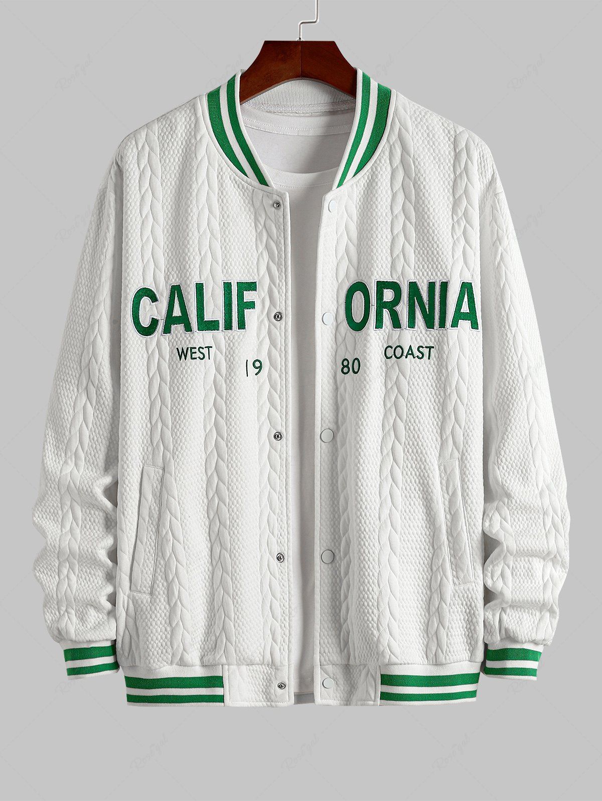 Cheap Men's Preppy Daily Zip Up Letter Embroidered Stripes Panel Cable Jacquard Textured Snap Button Baseball Varsity Jacket  