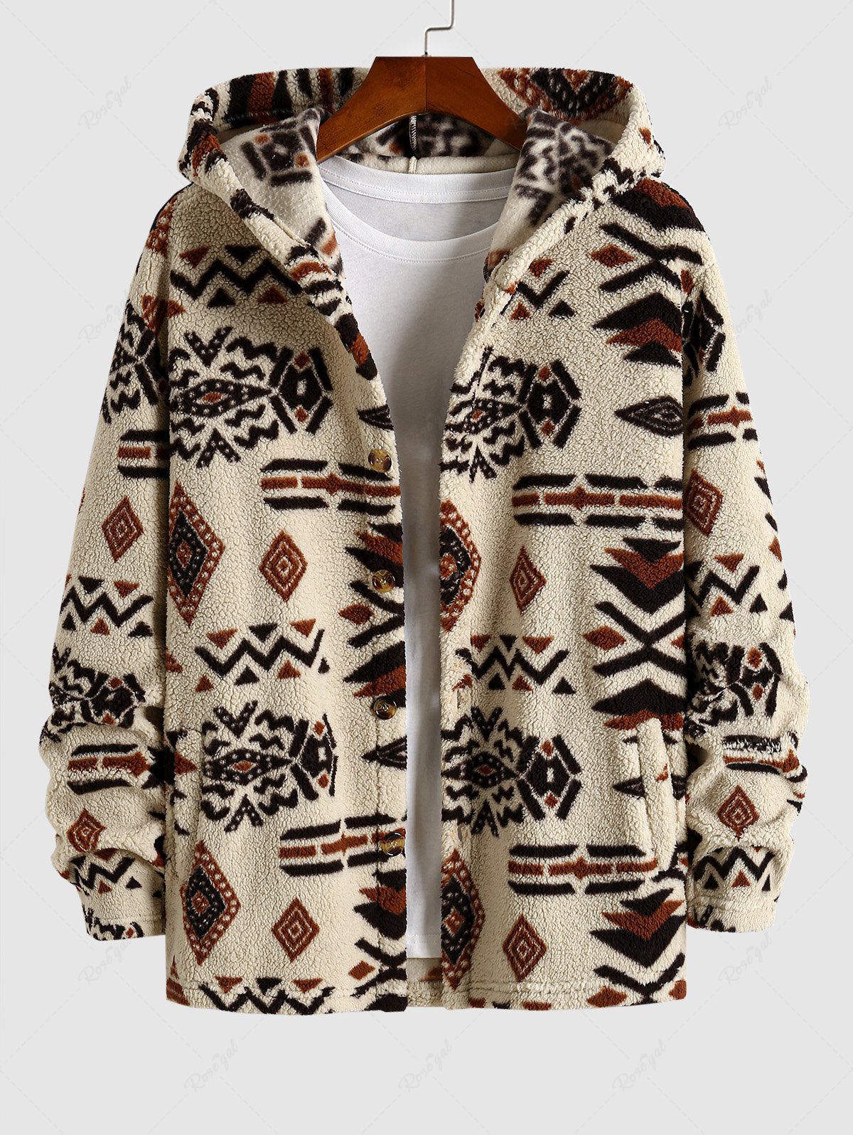 Online Men's Ethnic Style Aztec Printed Fluffy Fleece Button Fly Hooded Coat  