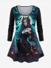 Plus Size Halloween Moon Cat Bird Demon Flame Printed T-shirt and Flare Pants Outfit -  