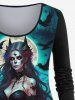 Plus Size Halloween Moon Cat Bird Demon Flame Printed T-shirt and Flare Pants Outfit -  