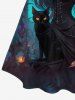 Plus Size Halloween Moon Cat Bird Demon Flame Printed T-shirt and Flare Pants Outfit -  