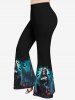 Plus Size Halloween Moon Cat Bird Demon Flame Printed T-shirt and Flare Pants Outfit -  