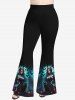 Plus Size Halloween Moon Cat Bird Demon Flame Printed T-shirt and Flare Pants Outfit -  