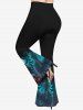 Plus Size Halloween Moon Cat Bird Demon Flame Printed T-shirt and Flare Pants Outfit -  