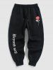 Men's Matching Co Ord Sweatsuit Letter Floral Rose Graphic Printed Drawstring Front Pocket Thermal Fleece Lined Hoodie and Beam Feet Jogger Pants Two Piece Set -  
