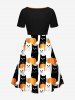 Plus Size Pumpkin Cat Print Cinched Halloween Dress -  