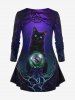 Plus Size Halloween Cat Crystal Ball Tree Print T-shirt -  