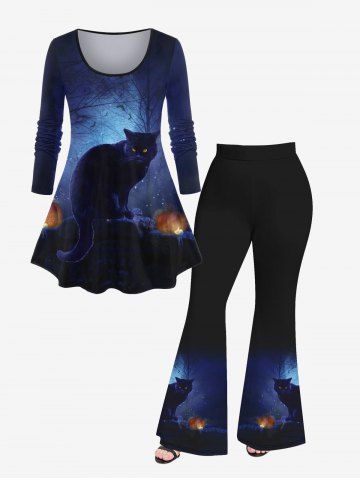 Galaxy Tree Cat Pumpkin Printed Halloween T-shirt and Flare Pants Plus Size Matching Set