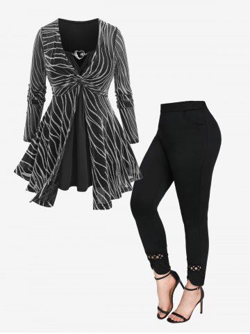 Heart Buckle Glitter Striped Mesh Twist Overlay Ruched V Cut T-shirt and Pockets Leggings Plus Size Outfit