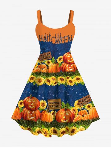Plus Size Halloween Costume Pumpkin Sunflower Letters Print Tank Dress - ORANGE - XS