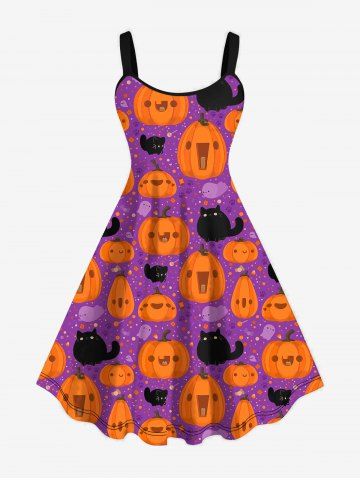 Plus Size Halloween Costume Pumpkin Cat Ghost Print Tank Dress