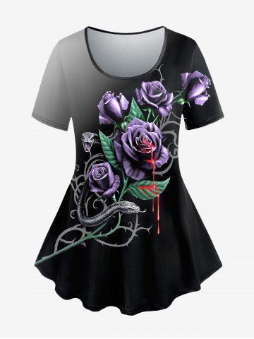 T-Shirt à Imprimé Feuilles et Roses de Couleur Dégradée Grande-Taille - PURPLE - XS