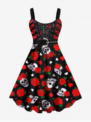 Plus Size Halloween Skulls Rose Buckle Rivet 3D Print Tank Dress - RED - XS