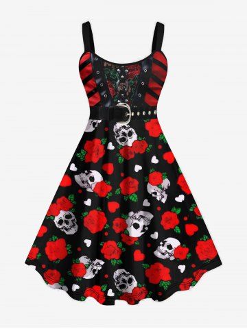 Plus Size Halloween Skulls Rose Buckle Rivet 3D Print Tank Dress - RED - S