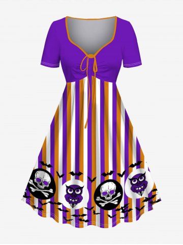 Plus Size Halloween Costume Colorblock Stripe Bat Skull Devil Print Cinched Dress - PURPLE - XS