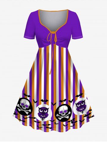 Plus Size Halloween Costume Colorblock Stripe Bat Skull Devil Print Cinched Dress - PURPLE - 2X