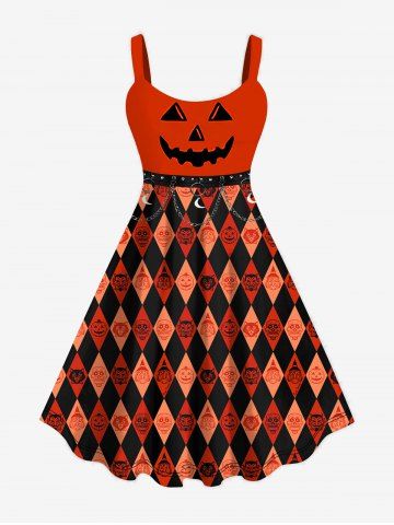 Plus Size Halloween Costume Pumpkin Rhombus Colorblock Print Tank Dress - DARK ORANGE - 3X