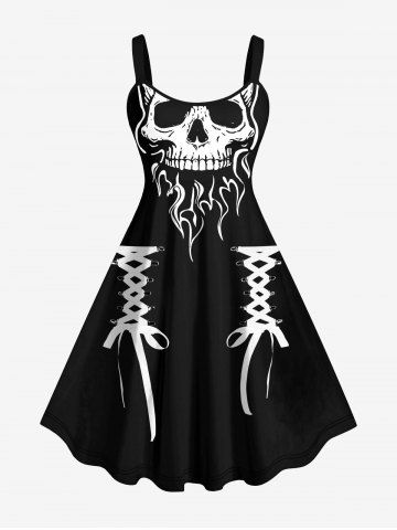 Plus Size Halloween Costume Skull Flame Lace Up 3D Print Tank Dress - BLACK - XS