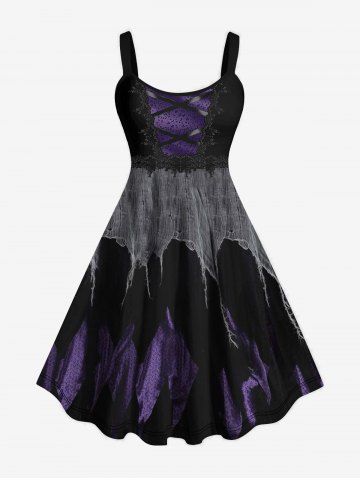 Halloween Witch Costume Plus Size Crisscross Ripped Rags Tattered Wind 3D Print Tank Dress - PURPLE - XS