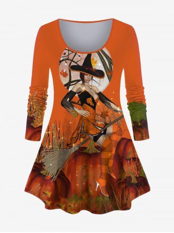Plus Size Halloween Pumpkin Tree Hat Witch Broom Print T-shirt - ORANGE - XS