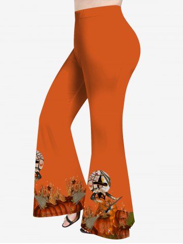 Plus Size Halloween Pumpkin Hat Witch Broom Print Flare Pants - ORANGE - 6X