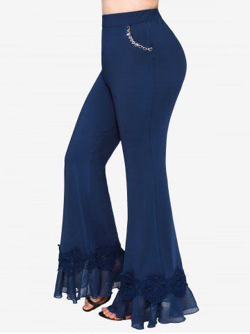 Pantalon Evasé Applique Cœur avec Chaîne en Mousseline de Soie de Grande Taille à Volants - DEEP BLUE - 1X | US 14-16