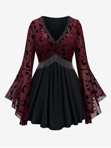 Plus Size Moon Star Print Mesh Panel Bell Sleeves Ruched Chain Tassel T-shirt - DEEP RED - M | US 10