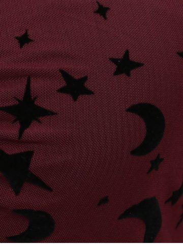 Plus Size Gothic Moon Star Print Mesh Panel Bell Sleeves Ruched Chain Tassel Long Sleeves T-shirt