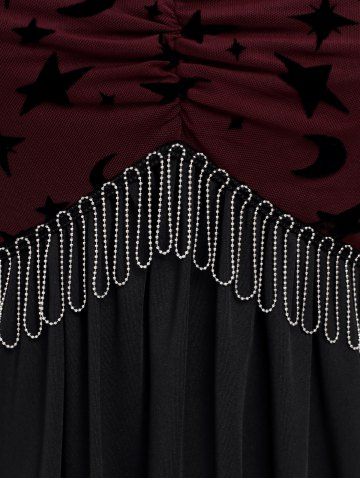 Plus Size Gothic Moon Star Print Mesh Panel Bell Sleeves Ruched Chain Tassel Long Sleeves T-shirt