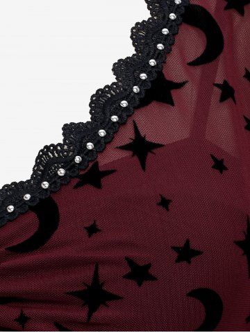 Plus Size Gothic Moon Star Print Mesh Panel Bell Sleeves Ruched Chain Tassel Long Sleeves T-shirt