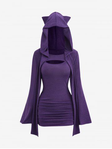 Plus Size Ruched Cinched Cami Fitted Dress and Hooded Shrug Top Set - CONCORD - 1X | US 14-16