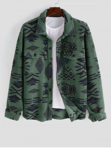 Ethnic Aztec Geo Printed Polar Fleece Fluffy Shacket - DEEP GREEN - S