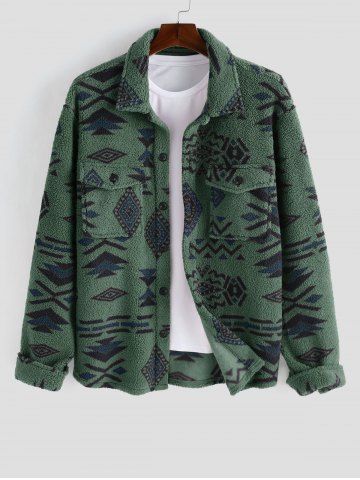 Ethnic Aztec Geo Printed Polar Fleece Fluffy Shacket - DEEP GREEN - M