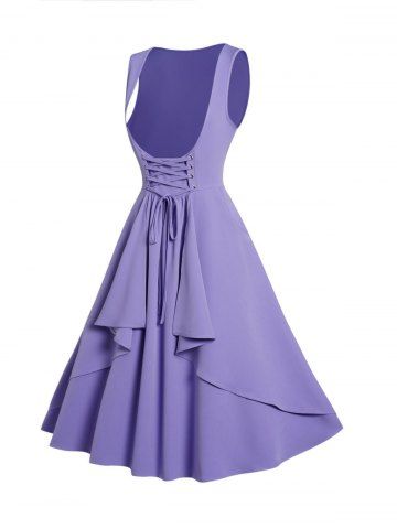 Lace Up Layered Sleeveless A Line Casual Midi Dress - LIGHT PURPLE - L