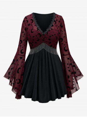 Plus Size Moon Star Print Mesh Panel Bell Sleeves Ruched Chain Tassel T-shirt - DEEP RED - 5X | US 30-32