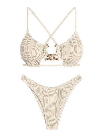 Textured Metal Hardware Criss Cross High Leg Cheeky Bikini Swimwear - LIGHT COFFEE - XS