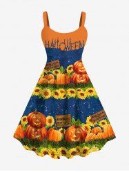 Plus Size Halloween Costume Pumpkin Sunflower Letters Print Tank Dress -  