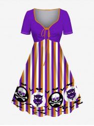 Plus Size Halloween Costume Colorblock Stripe Bat Skull Devil Print Cinched Dress -  