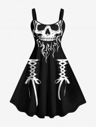 Plus Size Halloween Costume Skull Flame Lace Up 3D Print Tank Dress -  