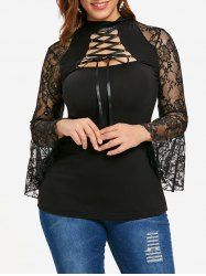 Plus Size Lace-up Floral Lace Flare Sleeves T-shirt -  