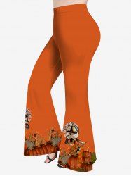 Pantalon Évasé à Imprimé Citrouille avec Balai de Sorcière D'Halloween Grande-Taille - Orange 6X