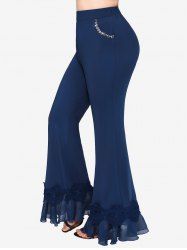 Pantalon Evasé Applique Cœur avec Chaîne en Mousseline de Soie de Grande Taille à Volants - Bleu profond M | US 10