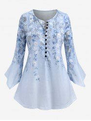 Plus Size Flower Leaf Printed Buttons 3/4 Length Flare Sleeves T-shirt -  