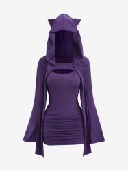 Plus Size Ruched Cinched Cami Fitted Dress and Hooded Shrug Top Set -  
